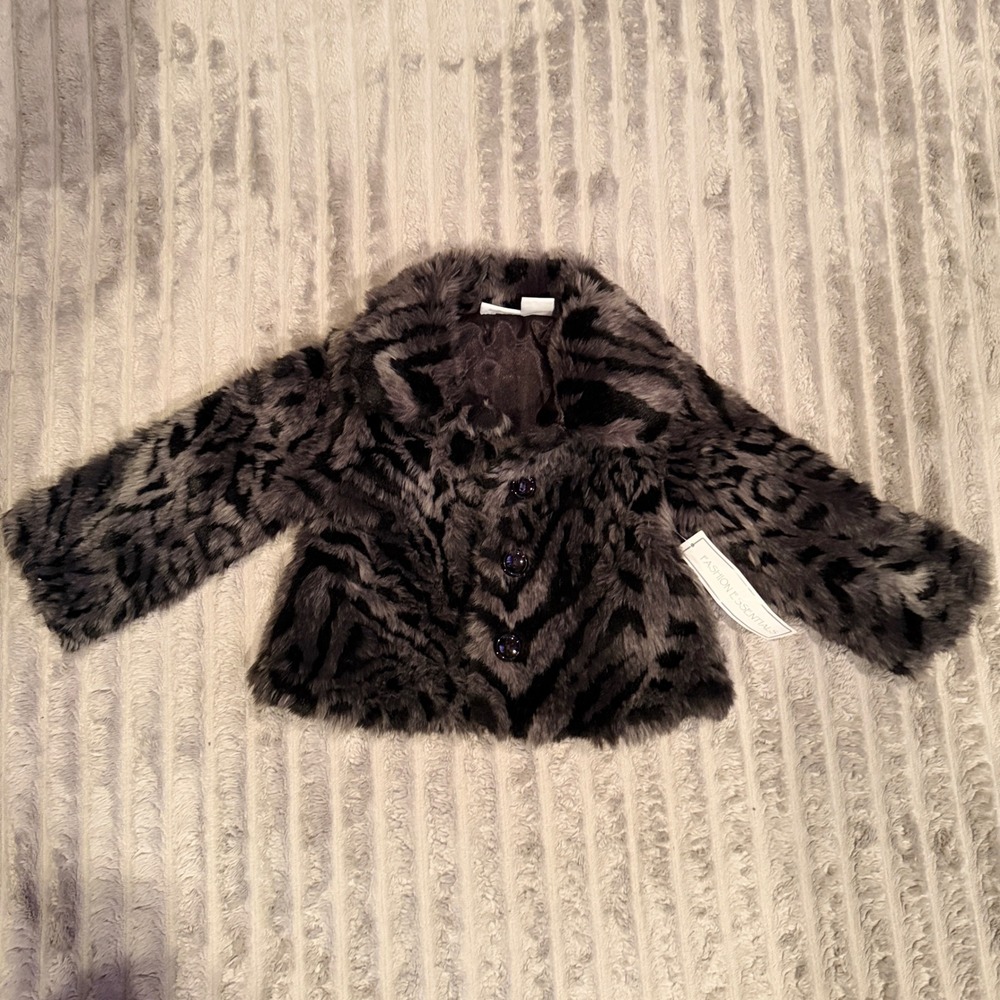 Vintage Kids R Us Faux Fur Animal Print Jacket Grey Black 2T NWT RN67391‎